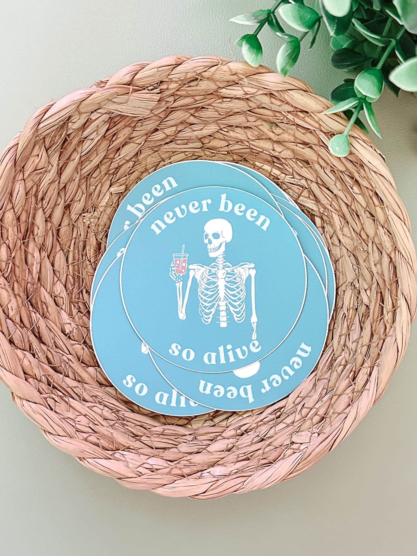 Never Been So Alive Skeleton Sticker | Funny Teal Vinyl Sticker for Laptops, Journals, and Gifts