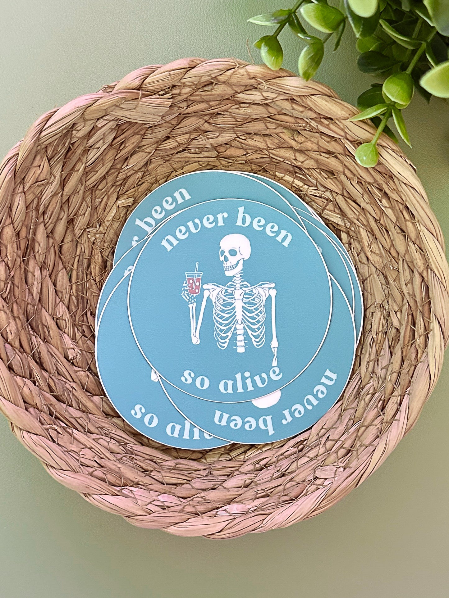 Never Been So Alive Skeleton Sticker | Funny Teal Vinyl Sticker for Laptops, Journals, and Gifts