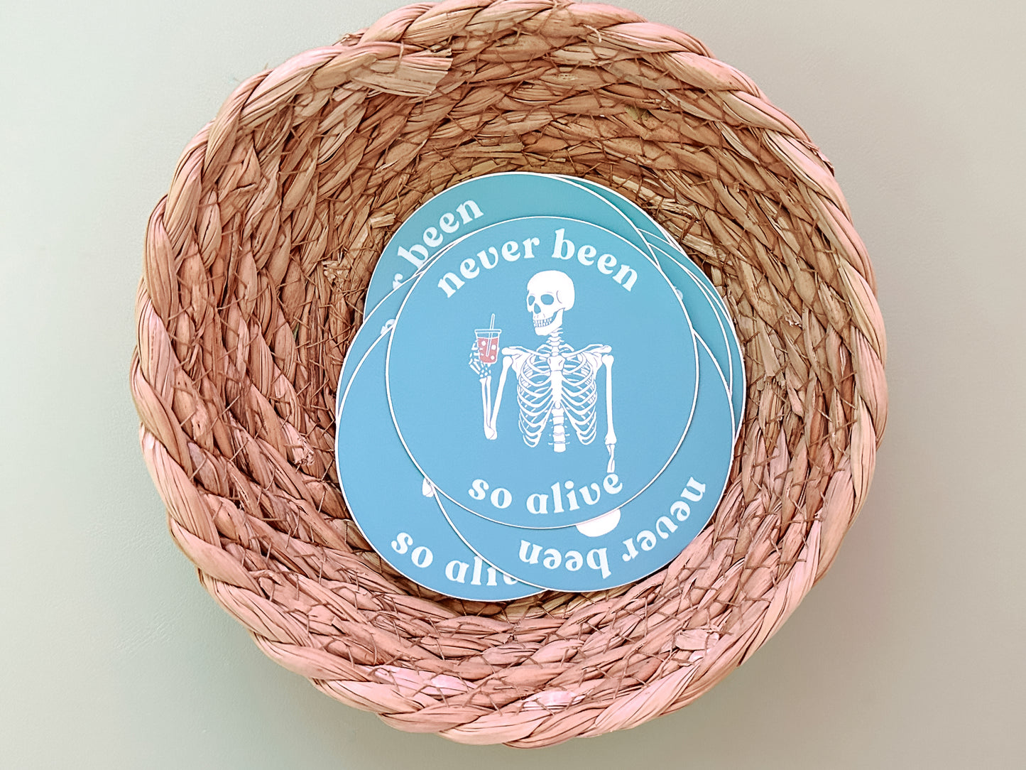 Never Been So Alive Skeleton Sticker | Funny Teal Vinyl Sticker for Laptops, Journals, and Gifts