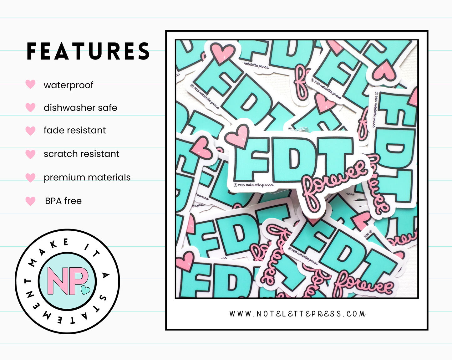 Mint and pink vinyl sticker reads “FDT forever,” short for Freedom, Democracy, Truth; pro democracy decal for laptops and water bottles.