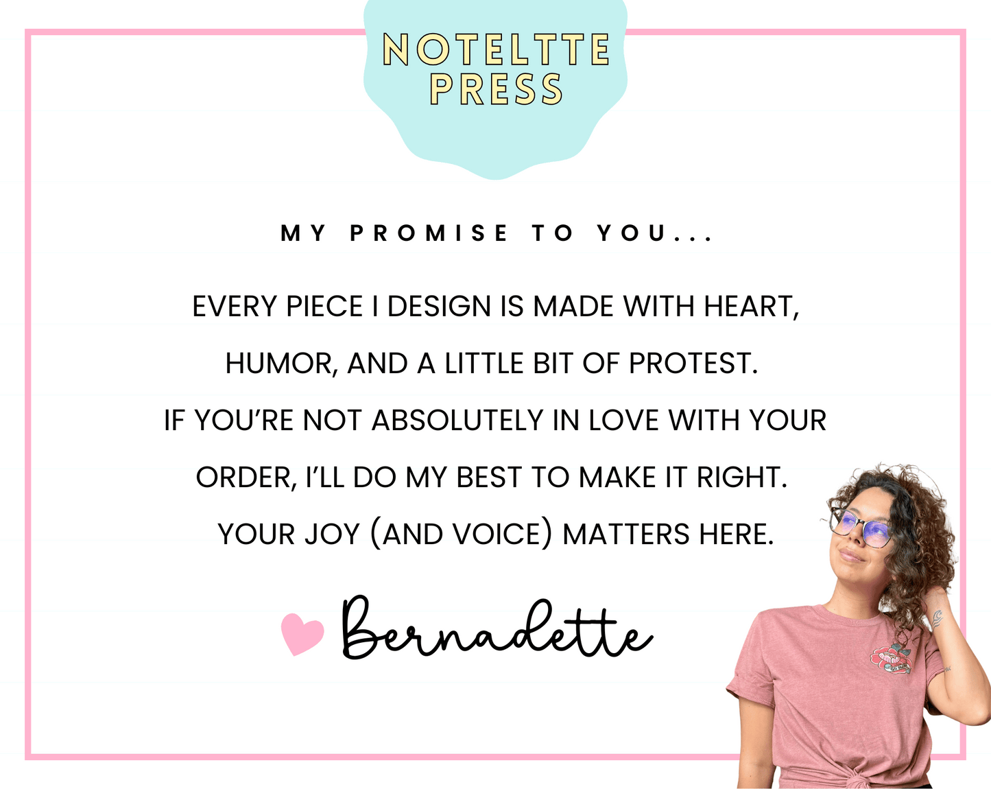 Promotional image for Notelte Press with a quote and a person wearing a pink shirt.