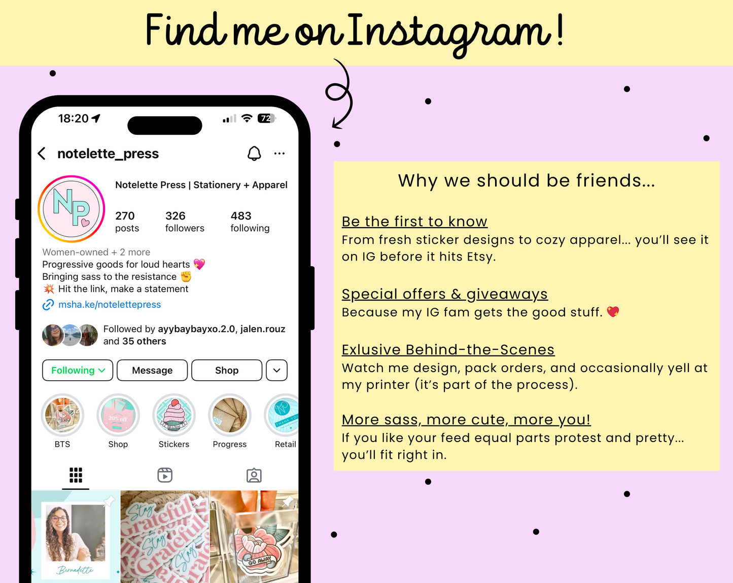 Phone screen showing Instagram profile with promotional text on a pink background