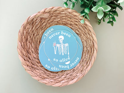 Never Been So Alive Skeleton Sticker | Funny Teal Vinyl Sticker for Laptops, Journals, and Gifts