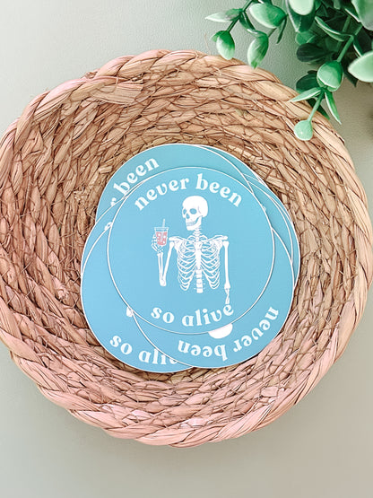 Never Been So Alive Skeleton Sticker | Funny Teal Vinyl Sticker for Laptops, Journals, and Gifts