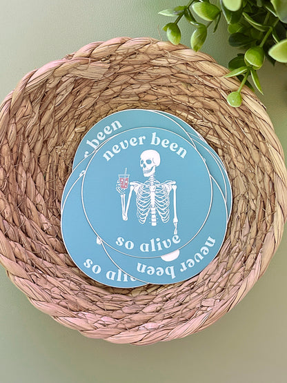 Never Been So Alive Skeleton Sticker | Funny Teal Vinyl Sticker for Laptops, Journals, and Gifts