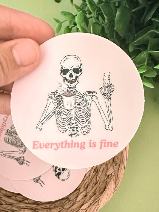 Everything is Fine Skeleton Sticker | Funny Pink Aesthetic Vinyl Sticker for Laptops, Journals, and Gifts