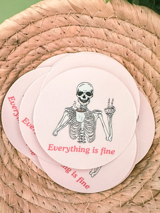 Everything is Fine Skeleton Sticker | Funny Pink Aesthetic Vinyl Sticker for Laptops, Journals, and Gifts