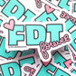 Stack of stickers with 'FDT forever' text and hearts on a white background